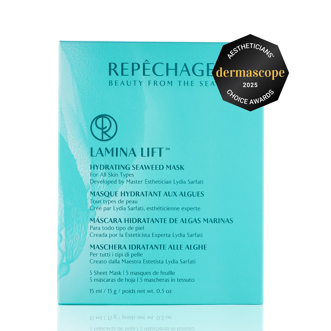 Repéchage Lamina Lift hydrating seaweed mask packaging with Dermascope 2025 award badge.