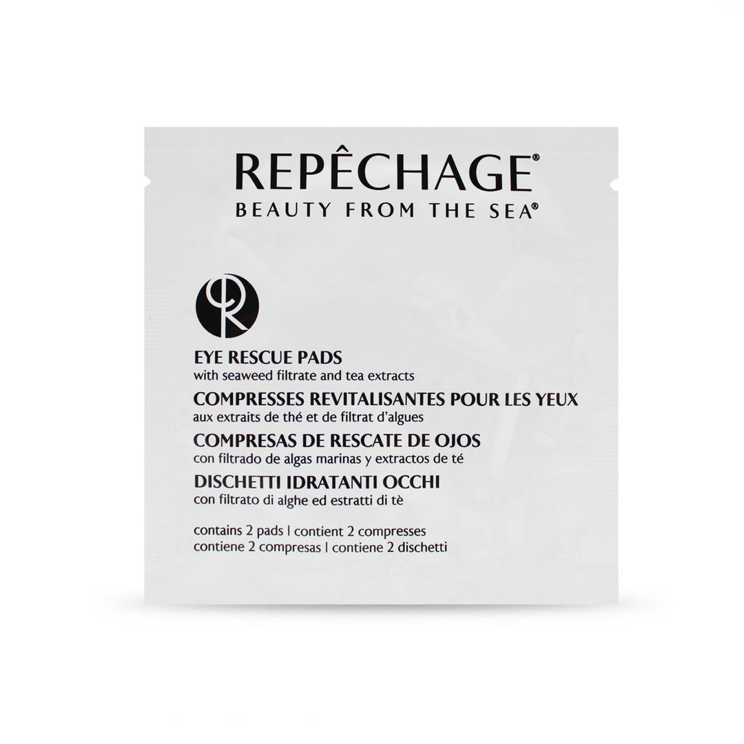 A sachet of Repechage brand Eye Rescue Pads with Seaweed Filtrate and Tea Extracts, against a white background.