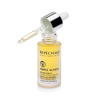 Triple Action Peptide Serum with dropper balanced on serum bottle