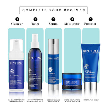 Mineral Face Shield® with Full Regimen including Sea Cleanse Cleanser, Algo Mist, C-Serum, Hydro Complex Moisturizing Cream and Mineral Face Shield