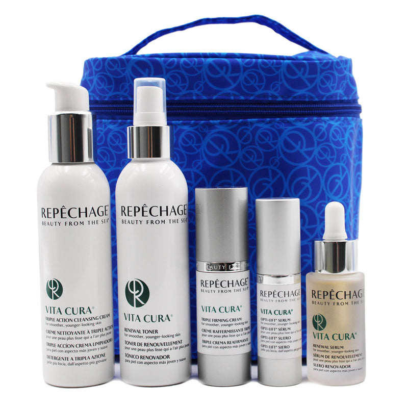 Vita Cura® Collection lined up in front of blue Signature Repechage Tote bag